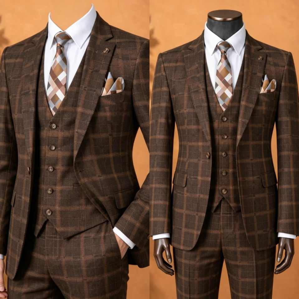 Men Formal Wear Brown - Jas Pria 3 Potong Motif Kotak-kotak
