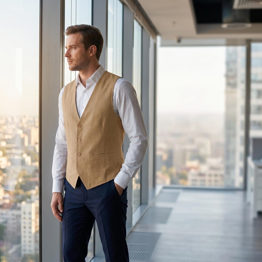 Rompi Linen Pria V-Neck Kancin - Formal Vest Waistcoat ulasan dan harga